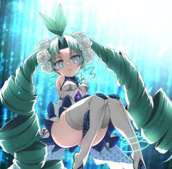  1girl antenna_hair blue_dress boots breasts closed_mouth commentary_request detached_sleeves dress drill_hair duel_masters duel_masters_play's energy_ring flower gloves green_hair hair_flower hair_ornament kiriko_(duel_masters) long_hair looking_at_viewer mori_marimo multicolored_dress parted_bangs small_breasts solo thigh_boots twin_drills very_long_hair white_boots white_dress white_flower white_gloves 