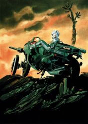  1boy absurdres artist_name bodysuit cactus facing_away helmet highres male_focus missile motor_vehicle motorcycle non-web_source official_art on_motorcycle outdoors scan science_fiction self-scan signature solo space venus_senki yasuhiko_yoshikazu 