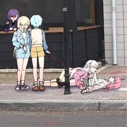  5girls ahoge bang_dream! bang_dream!_yumemita biting_another's_clothes blonde_hair blue_hair blush braid cellphone collar commentary english_commentary fuji_miyako fuji_miyako_(real) glasses hair_over_one_eye holding holding_leash holding_phone leash long_hair lying minetsuki_ritsu minetsuki_ritsu_(real) miyanaga_nonoka miyanaga_nonoka_(real) mugendai_mewtype_(bang_dream!) multiple_girls nakamachi_arale nakamachi_arale_(real) on_back phone photo_background purple_hair red_collar red_hair red_leash sengoku_yuno sengoku_yuno_(real) short_hair skol16653828240 virtual_youtuber white_hair yuri 
