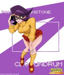  1girl absurdres bent_over big_hair black-framed_eyewear breasts cosplay glasses green_eyes hand_up highres large_breasts mature_female orange_socks orange_sweater pleated_skirt pokemon pokemon_sun_and_moon purple_hair red_skirt ribbed_sweater scooby-doo_(series) scrxxxwlings short_hair skirt socks solo sweater turtleneck turtleneck_sweater velma_dinkley velma_dinkley_(cosplay) wicke_(pokemon) 