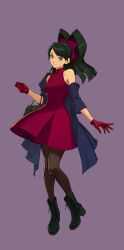  1girl ace_attorney ace_attorney_investigations ankle_boots bare_shoulders black_boots black_hair boots brown_pantyhose commentary dress english_commentary formal_clothes fuse_takuro gloves green_eyes high_ponytail highres jewelry kay_faraday key key_necklace necklace nuri_kazuya off-shoulder_jacket off_shoulder official_art pantyhose ponytail red_dress red_gloves second-party_source solo 