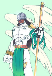  1boy absurdres alternate_costume alternate_hairstyle angel angel_wings angemon bodysuit commentary covered_eyes dark-skinned_male dark_skin digimon digimon_(creature) english_commentary feathered_wings helmet helmet_over_eyes highres holding long_hair male_focus multiple_wings smile tidywire white_bodysuit white_wings wings 