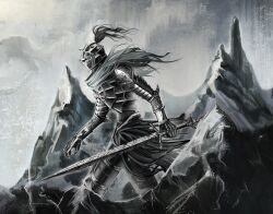 1other armet armor check_copyright commentary copyright_request cuirass cuisses english_commentary fantasy from_side full_armor gauntlets grey_background greyscale highres holding holding_sword holding_weapon knight monochrome original outdoors pauldrons phanthema poleyn profile rerebrace rock scarf shoulder_armor sword waist_cape walking weapon 