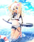  1girl armpits arms_behind_head beach blonde_hair blue_eyes clouds crop_top evandragon flower hair_flower hair_ornament highres kantai_collection kneeling lifebuoy long_hair open_mouth ro-500_(kantai_collection) school_swimsuit school_uniform serafuku sky smile solo splashing swimsuit swimsuit_under_clothes tan tanline torpedo u-511_(kantai_collection) water 