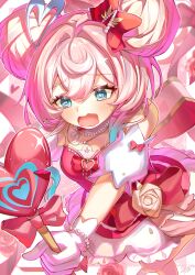  1girl @_@ absurdres aqua_eyes bare_shoulders bow breasts commentary_request cowboy_shot detached_sleeves double_bun dress gloves hair_between_eyes hair_bow hair_bun hair_ornament heart heart_hair_ornament highres holding holding_wand honkai:_star_rail honkai_(series) hyacine_(honkai:_star_rail) hyacine_(warm_cotton_skies)_(honkai:_star_rail) left-handed medium_breasts morocha1130 official_alternate_costume open_mouth pink_dress pink_hair solo wand white_gloves 