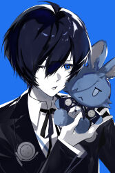  1boy absurdres black_jacket black_ribbon blue_background blue_eyes blue_hair blue_theme collared_shirt commentary gekkoukan_high_school_uniform hair_between_eyes hair_over_one_eye highres holding jacket long_sleeves male_focus nan77202264830 neck_ribbon one_eye_closed parted_lips persona persona_3 persona_3_reload ribbon school_uniform shirt short_hair simple_background solo stuffed_animal stuffed_toy untranslatable_commentary upper_body white_shirt yuuki_makoto_(persona_3) 