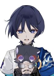  1boy animal animalization aqua_gem armor black_bridal_gauntlets black_cat black_hair blue_cape blue_sleeves blunt_ends bridal_gauntlets bright_pupils cape cat choppy_bangs commentary_request eyeliner fang gem genshin_impact gold gold_ring hair_intakes hands_up highres holding holding_animal holding_cat japanese_armor kote kurokote layered_sleeves lower_teeth_only makeup male_focus mandarin_collar middle_ring open_mouth person_and_animalization portrait red_eyeliner ruta_nico2 scaramouche_(cat)_(genshin_impact) scaramouche_(genshin_impact) short_sleeves side_cape sketch skin_fang solo straight-on teeth twitter_username violet_eyes wanderer_(genshin_impact) white_background white_pupils white_sleeves 