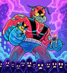  1other 6+boys 6+girls ambiguous_gender antennae black_bodysuit black_gloves black_mask blue_pants bodysuit building cape character_request chewing city_lights cityscape claw_(weapon) clenched_teeth colored_sclera crowd dan_hipp dark_background eating english_commentary fake_antennae giant giant-man_(marvel) gloves glowing glowing_eyes glowing_mouth green_eyes grey_cape halftone halftone_background hank_pym highres holding imminent_vore long_hair male_focus marvel marvel_snap mask mob multiple_boys multiple_girls official_art pants partially_shaded_face purple_theme red_bodysuit robot short_hair skyscraper solo_focus teeth torn_bodysuit torn_clothes weapon wolverine_(x-men) wreckage yellow_bodysuit yellow_sclera zombie 