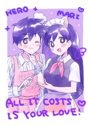  1boy 1girl animal_ear_hairband animal_ears apron blush bright_pupils cat_ear_hairband cat_ears character_name chef_hat collared_pajamas collared_shirt colored_skin commentary_request double-parted_bangs english_text fake_animal_ears hair_between_eyes hairband hat hero_(headspace)_(omori) hero_(omori) highres holding holding_spatula kiss_the_cook long_hair long_sleeves looking_at_viewer mari_(headspace)_(omori) mari_(omori) mihimihi31 mini_chef_hat mini_hat neckerchief omori one_eye_closed pajamas pink_apron purple_apron purple_hair purple_sweater_vest red_neckerchief shirt short_hair short_sleeves smile spatula striped_clothes striped_pajamas sweater_vest vertical-striped_clothes vertical-striped_pajamas violet_eyes white_hairband white_hat white_pajamas white_pupils white_shirt white_skin 