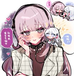  2girls bang_dream! bang_dream!_our_notes black_collar black_hairband blue_eyes blush chinese_commentary chinese_text collar commentary_request grey_eyes hair_ornament hairband hairclip heart highres holding holding_leash izumi_houka kyou_039 leash long_hair long_sleeves mini_person multiple_girls open_mouth parallel_hairclips pink_hair red_shirt shiomi_hotaru shirt smile translation_request violet_eyes white_hair yuri 