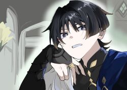  1boy armor black_bodysuit black_bridal_gauntlets blue_cape blunt_ends bodysuit bridal_gauntlets bright_pupils cape commentary_request covered_collarbone eyeliner fingernails genshin_impact gold_ring grey_eyes hair_intakes hand_on_own_face hand_up highres japanese_armor japanese_clothes kimono kote kurokote looking_at_viewer makeup male_focus mandarin_collar middle_ring open_mouth portrait red_eyeliner scaramouche_(genshin_impact) shoulder_peek side_cape solo tsurime tubakineco2006 wanderer_(genshin_impact) white_kimono white_mouth white_pupils wolf_cut 