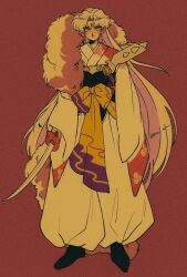  1980s_(style) 1boy armor black_shoes crescent crescent_facial_mark curtained_hair facial_mark film_grain full_body fur_trim green_eyes heavy_film_grain holding holding_sword holding_weapon inuyasha japanese_clothes kimono long_hair long_sleeves male_focus pauldrons pikurusu red_background retro_artstyle sash sesshoumaru shoes shoulder_armor shoulder_spikes simple_background single_pauldron solo spikes standing sword very_long_hair weapon white_hair wide_sleeves 