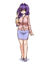  1girl akiko_jam blue_eyes blue_shoes blue_skirt braid breasts cardigan commentary_request full_body hair_intakes highres jam jar kanon long_hair mature_female minase_akiko mitarashi_kousei pink_cardigan purple_hair shirt shoes simple_background skirt smile solo standing white_background white_shirt 