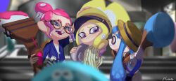  3girls blonde_hair blue_hair blurry blurry_background closed_eyes commentary_request glasses hat highres inkbrush_(splatoon) inkling inkling_girl inkling_player_character multiple_girls murata_miku octoling octoling_girl octoling_player_character open_mouth pink_hair ponytail porkpie_hat shirt smile splatoon_(series) splatoon_3 striped_clothes striped_shirt tentacle_hair violet_eyes 