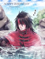  1boy birthday black_hair blue_sky blurry blurry_background blush cape character_name cloak closed_eyes closed_mouth clothed_bath clouds cloudy_sky commentary_request dated final_fantasy final_fantasy_vii final_fantasy_vii_remake final_fantasy_vii_revelation hair_between_eyes happy_birthday highres long_hair male_focus onsen outdoors partially_submerged red_cape red_cloak rock sky sleeping solo upper_body vincent_valentine warori_anne water watermark zzz 