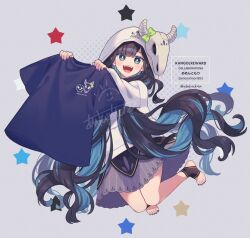  1girl akebiashita animal_skull black_hair blue_eyes blue_hair blue_shirt bow colored_inner_hair cow_skull green_bow holding holding_shirt holding_unworn_clothes hood hood_up hoodie indie_virtual_youtuber long_hair long_sleeves looking_at_viewer memento_mori_(vtuber) multicolored_hair open_mouth purple_nails shirt skirt skull_on_head smile solo teeth toes unworn_shirt upper_teeth_only very_long_hair virtual_youtuber white_hoodie 
