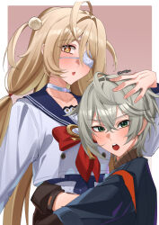  1boy 1girl absurdres ahoge blonde_hair blue_jacket blue_one-piece_swimsuit blue_sailor_collar blush choker collarbone cropped_shirt crossed_bangs eyepatch green_eyes grey_hair hair_between_eyes hair_ornament hand_on_another's_head highres hug jacket long_hair looking_at_viewer low-tied_long_hair medical_eyepatch official_alternate_costume one-piece_swimsuit open_mouth phoenix_reffaella phoenix_reffaella_(daydream_complex) pink_background pom_pom_(clothes) pom_pom_hair_ornament rainatsu sailor_collar school_uniform serafuku shirt short_hair simple_background swimsuit swimsuit_under_clothes twitter_username white_choker white_serafuku wise_(zenless_zone_zero) yellow_eyes zenless_zone_zero 