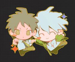  2boys ahoge black_background blush_stickers breast_pocket brown_hair chibi chibi_only collared_shirt danganronpa_(series) danganronpa_2:_goodbye_despair green_jacket green_necktie hinata_hajime holding_hands hood hood_down hooded_jacket jacket kiyoshi_st komaeda_nagito messy_hair multiple_boys necktie open_clothes open_jacket pocket print_shirt shirt simple_background white_hair white_shirt 
