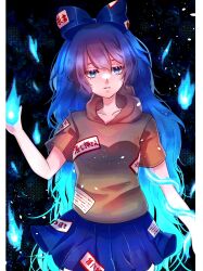  1girl absurdres ben-day_dots black_background blue_bow blue_eyes blue_fire blue_hair blue_skirt bow breasts bright_pupils brown_hoodie colored_eyelashes commentary debt dot_nose fire frown hair_between_eyes hair_bow hand_up highres hood hood_down hoodie ikth00nm jitome long_hair looking_at_viewer miniskirt parted_lips pillarboxed pleated_skirt screentones short_sleeves sidelocks skirt small_breasts solo split_mouth standing touhou very_long_hair yorigami_shion 