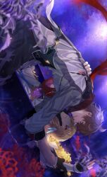  1boy 1girl absurdres ahoge all_fours arm_guards arm_up bare_shoulders belt black_belt black_gloves black_pants blonde_hair blue_eyes brown_hair cape collared_shirt commentary_request detached_sleeves dress eye_contact feather_hair_ornament feathers feet_out_of_frame flower genshin_impact gloves grabbing_another's_face grey_jacket hair_between_eyes hair_ornament hand_on_another's_back head_grab hetero highres jacket lips long_sleeves looking_at_another looking_down looking_up lumine_(genshin_impact) lying on_back orange_eyes pants partially_fingerless_gloves popped_collar purple_background red_cape red_flower red_shirt ribbon shirt short_hair sidelocks sleeveless sleeveless_dress smile spider_lily tartaglia_(genshin_impact) teeth underwater white_dress white_ribbon white_sleeves yellow_flower zassyoku_dd 