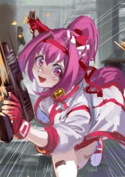  1girl 1other animal_ears blush bow buruma ear_bow ear_covers fingerless_gloves firing flower-shaped_pupils flower_in_eye gloves gun handgun haru_urara_(bestest_prize)_(umamusume) haru_urara_(umamusume) headband highres holding holding_gun holding_weapon horse_ears horse_girl horse_tail inishie_kumo jacket kneeling long_hair looking_at_viewer open_mouth pink_buruma pink_hair pink_headband ponytail red_buruma red_gloves red_headband running shell_casing shirt smile socks striped_clothes striped_socks symbol-shaped_pupils symbol_in_eye tail umamusume violet_eyes weapon white_jacket white_shirt 
