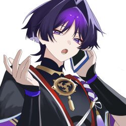  1boy armor black_bodysuit black_kimono black_sleeves blunt_ends bodysuit cellphone commentary_request cyoko2354 eyeliner genshin_impact gold hair_intakes hands_up highres holding holding_phone japanese_armor japanese_clothes jewelry juban kimono kote kurokote layered_sleeves looking_at_viewer lower_teeth_only makeup male_focus mandarin_collar mitsudomoe_(shape) neck_ring open_clothes open_hands open_kimono open_mouth phone portrait purple_hair purple_rope purple_sleeves red_eyeliner red_kimono rope scaramouche_(genshin_impact) scaramouche_(harbinger)_(genshin_impact) shimenawa short_sleeves smartphone solo tassel teeth tomoe_(symbol) tongue tsurime violet_eyes white_background white_kimono white_rope wispy_bangs wolf_cut 