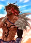 abs applemac armor artist_request bandage bandages bandana beard brown_eyes brown_hair cloud clouds dark_skin dissidia_final_fantasy facial_hair final_fantasy final_fantasy_x headband highres jecht male muscle mustache red_eyes rubbing_neck scar shirtless sky solo tattoo 