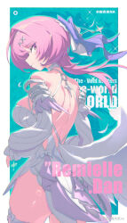  1girl back_cutout clothing_cutout commentary detached_sleeves dress english_text from_behind hair_intakes hair_ornament hairband highres looking_back low_wings medium_hair paoguangji_na pink_eyes pink_hair pointy_ears remielle_dan short_dress silver_hairband simple_background solo star_(symbol) star_hair_ornament swept_bangs thigh-highs white_background white_dress white_thighhighs white_wings wings zenless_zone_zero 