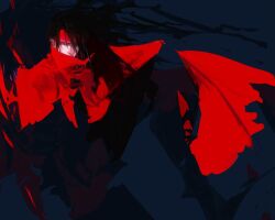  1boy black_hair cape cloak commentary_request covered_mouth final_fantasy final_fantasy_vii hair_between_eyes headband hey53orz knee_up long_hair looking_at_viewer male_focus red_cape red_cloak red_eyes red_headband sitting solo vincent_valentine 
