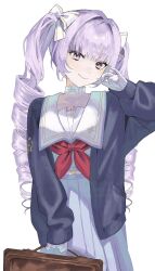 1girl bag black_cardigan blue_dress bow brown_bag cardigan chest_tattoo choker closed_mouth commentary dress drill_hair gloves h_i_n_a_t_0714 hair_bow hair_intakes hand_up highres holding holding_bag hyakumantenbara_salome hyakumantenbara_salome_(school_uniform) long_hair looking_at_viewer neckerchief nijisanji open_cardigan open_clothes purple_hair red_neckerchief school_bag school_uniform simple_background smile solo tattoo twin_drills untranslatable_commentary violet_eyes virtual_youtuber white_background white_bow white_choker white_gloves 
