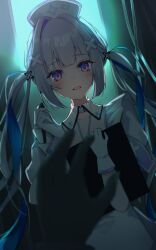  1girl 1other amane_kanata amane_kanata_(nurse) apron blue_hair clipboard collar colored_inner_hair commentary_request detached_collar dress film_grain frilled_apron frills gloves grey_dress grey_hair hair_ornament hat highres holding holding_clipboard holding_pen hololive lanyard long_hair looking_at_viewer low_twintails missing_wings multicolored_hair nurse nurse_cap official_alternate_costume official_alternate_hairstyle pen pov pov_hands puffy_short_sleeves puffy_sleeves raised_inner_eyebrows short_sleeves solo_focus suikun_(319n.) twintails very_long_hair violet_eyes virtual_youtuber wavy_hair white_apron white_collar white_gloves white_headdress wing_collar x_hair_ornament 