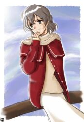  1990s_(style) 1girl bad_id blue_sky border brown_sweater closed_mouth clouds coat commentary_request cowboy_shot grey_eyes grey_hair hana_(hana_mo_arashi_mo) haruno_kotori kita_e long_sleeves looking_afar outside_border red_coat retro_artstyle scarf short_hair skirt sky smile solo sweater wavy_hair white_border white_scarf white_skirt 