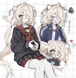  1girl adapted_costume ahoge black_serafuku blonde_hair blue_jacket blush chibi chibi_inset choker closed_eyes collarbone commentary_request eyepatch fork grid_background hair_ornament heart highres holding holding_fork hyb_muyuu invisible_chair jacket long_hair low-tied_long_hair medical_eyepatch multiple_views official_alternate_costume open_mouth phoenix_reffaella phoenix_reffaella_(the_illness_called_life) pixel_heart pom_pom_(clothes) pom_pom_hair_ornament red_sailor_collar sailor_collar school_uniform serafuku sitting squiggle thigh-highs translation_request white_background white_choker white_thighhighs yellow_eyes zenless_zone_zero 