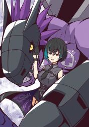  1girl armor commentary_request digimon digimon_(creature) dragon gigadramon highres horns looking_at_viewer mechanical_wings mitosupa_(qsiqydfz7nesh9w) monster robot simple_background smile weapon wings 