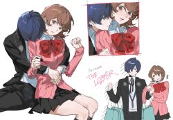  +++ 1boy 1girl arms_around_another's_waist bag black_jacket black_pants black_skirt black_socks blue_eyes blue_hair blush bow bowtie brown_eyes brown_hair cardigan commentary_request couple digital_walkman earphones_removed feet_out_of_frame flipped_hair gekkoukan_high_school_uniform hair_over_one_eye head_on_another's_shoulder hetero holding holding_bag hug hug_from_behind jacket kneehighs korean_commentary long_sleeves looking_at_another miniskirt mp3_player multiple_views neck_ribbon open_clothes open_jacket pants parted_lips persona persona_3 pink_cardigan pleated_skirt red_bow red_bowtie ribbed_cardigan ribbon school_uniform shirt shopping_bag short_hair simple_background sitting skirt socks takeba_yukari white_background white_shirt wing_collar ydeological yuuki_makoto_(persona_3) 