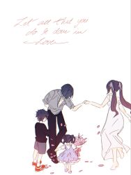  2boys 2girls arm_behind_back barefoot black_hair black_pants black_shirt black_shoes blunt_ends bouquet bowing braid braided_hair_rings character_request collared_shirt commentary dancing dress english_text facing_another facing_down family flower genshin_impact gradient_hair grey_shirt grey_shorts grey_sleeves hair_rings head_down highres holding holding_bouquet holding_hands if_they_mated long_dress long_hair mona_(genshin_impact) multicolored_hair multiple_boys multiple_girls original pants partially_unbuttoned petals pink_flower pink_hair pink_petals purple_dress red_shoes scaramouche_(genshin_impact) shirt shoes short_dress short_sleeves shorts sidelocks socks three-quarter_sleeves twintails white_background white_dress white_sleeves white_socks ysnden 