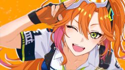  1girl :d ;d arm_up blurry blurry_background blush collarbone collared_shirt commentary_request depth_of_field earrings fingerless_gloves gloves goggles goggles_on_head gradient_hair hair_between_eyes highres hololive hyakuto_kyoko jewelry light_particles lightning_bolt_earrings lightning_bolt_symbol looking_at_viewer loose_hair_strand mole mole_on_collarbone mole_under_eye multicolored_gloves multicolored_hair one_eye_closed open_mouth orange_background orange_gloves orange_hair parted_hair pink_hair raised_eyebrow salute shirt short_sleeves sidelocks smile solo teeth two-finger_salute two-tone_gloves two-tone_hair un1rock upper_body upper_teeth_only variant_set virtual_youtuber white_shirt 