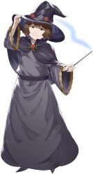  1girl artist_request black_boots black_capelet black_dress black_hat boots brown_eyes brown_hair capelet closed_mouth dress earrings flat_chest flower full_body game_asset gem hands_up hat holding holding_wand jewelry long_dress long_sleeves looking_at_viewer magic magic_shop_owner_(tate_no_yuusha_no_nariagari) official_art red_flower red_gem red_rose rose simple_background smile solo standing straight-on tate_no_yuusha_no_nariagari tate_no_yuusha_no_nariagari_rise transparent_background wand wide_sleeves witch witch_hat 