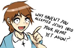  blue_dress braid brown_hair chaby36 christ-chan christianity crazy_eyes cross cross_necklace dress english_text hand_up index_finger_raised jewelry lower_teeth_only meme necklace open_mouth original raised_eyebrows speech_bubble teeth upper_body wide-eyed 