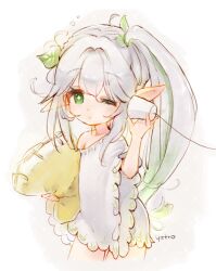  1girl alternate_hair_length_(longer) artist_name commentary_request cropped_legs cross-shaped_pupils genshin_impact green_eyes hair_between_eyes hair_ornament hand_up highres holding holding_pillow leaf_hair_ornament long_hair looking_at_viewer nahida_(genshin_impact) one_eye_closed pajamas pillow pointy_ears simple_background single_bare_shoulder single_off_shoulder solo string_phone symbol-shaped_pupils toro_astro very_long_hair white_background white_hair 