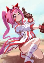  1girl animal_ears bow buruma ear_bow ear_covers fingerless_gloves flower-shaped_pupils flower_in_eye gloves gun handgun haru_urara_(bestest_prize)_(umamusume) haru_urara_(umamusume) headband highres holding holding_gun holding_weapon horse_ears horse_girl horse_tail inishie_kumo jacket kneeling long_hair looking_at_viewer pink_buruma pink_hair pink_headband ponytail red_buruma red_gloves red_headband shirt socks solo striped_clothes striped_socks symbol-shaped_pupils symbol_in_eye tail umamusume violet_eyes weapon white_jacket white_shirt 