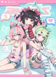  3girls 5h460n absurdres ahoge angel_wings angels_of_delusion aqua_bow aqua_halo aria_(human)_(cuteness_loading)_(zenless_zone_zero) aria_(human)_(zenless_zone_zero) aria_(zenless_zone_zero) arm_warmers backpack bag bare_shoulders black_hair blue_bow blue_eyes bow bracelet character_print choker closed_mouth collarbone colored_inner_hair commentary_request earrings finger_to_own_chin gloves green_eyes green_hair hair_between_eyes hair_bow hair_intakes hair_ornament hairclip halo hand_on_another's_head highres jewelry knees_up long_hair looking_at_viewer looking_back multicolored_hair multiple_girls multiple_thigh_straps musical_note_earrings nangong_yu nangong_yu_(heartfelt_support) official_alternate_costume one_eye_closed pink_bag pink_gloves pink_hair pink_shirt red_eyes revision shirt shorts sitting smile solo_focus striped_arm_warmers sunna_(delusions_in_business)_(zenless_zone_zero) sunna_(zenless_zone_zero) tank_top thigh_strap tongue tongue_out twintails v white_wings wings zenless_zone_zero 