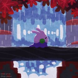  =_= autumn_leaves closed_eyes commentary_request goomy highres higo_ehatsu leaf log maple_leaf no_humans on_log pokemon pokemon_(creature) pokemon_focus rain water waterfall 
