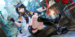  1girl absurdres ahoge animal_ear_fluff animal_ears arknights arknights:_endfield armpits black_shoes black_socks blue_eyes blue_hair breasts building colored_inner_hair commentary_request crossed_legs dutch_angle earrings extra_ears eyepatch fingerless_gloves full_body gloves hair_between_eyes hand_up highres jewelry legs looking_at_viewer medium_breasts multicolored_hair open_mouth outdoors red_gloves ressec shoes sitting socks solo tail tangtang_(arknights) thighs two-tone_hair 