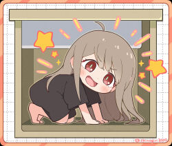  all_fours barefoot black_shirt blush brown_hair chibi chibi_only cho_kaguya-hime! commentary_request full_body grid_background kaguya_(cho_kaguya-hime!) long_hair long_shirt nokiri open_mouth oversized_clothes oversized_shirt raised_eyebrows shirt smile t-shirt twitter_username v-shaped_eyebrows 