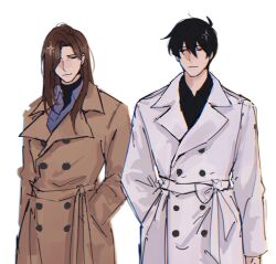 1boy 1girl black_hair black_shirt blonde_hair brown_coat coat collared_shirt cowboy_shot glaring hair_over_one_eye hand_in_pocket highres kim_dokja lee_sookyung looking_at_another mother_and_child mother_and_son omniscient_reader's_viewpoint open_clothes open_coat parent_and_child purple_shirt rhaastyogurt shirt short_hair sparkle trench_coat turtleneck undershirt white_coat 