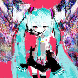  1girl :| abstract abstract_background absurdres black_skirt black_sleeves blue_hair blue_necktie closed_mouth commentary cowboy_shot detached_sleeves grey_shirt hatsune_miku highres hilty long_hair looking_ahead looking_at_viewer miniskirt necktie shirt skirt sleeveless sleeveless_shirt solo twintails very_long_hair vocaloid 