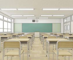  ceiling_light chair chalkboard classroom clock commentary_request desk highres indoors kiyo_(kyokyo1220) no_humans original podium school_chair school_desk speaker wall_clock window 