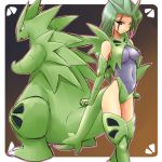  1girl breasts female green_hair lowres moemon navel personification pokemon pokemon_(creature) pokemon_(game) pokemon_gsc tenjou_ryuka tyranitar 