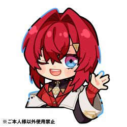  1girl :d ange_katrina ange_katrina_(1st_costume) black_outline blue_eyes blue_outline blush_stickers cardigan chibi chibi_only commentary_request cropped_torso crossed_bangs diamond-shaped_pupils diamond_(shape) hair_between_eyes hair_intakes hair_ornament hairclip hand_up long_sleeves looking_at_viewer medium_hair multicolored_eyes nijisanji nyankoyousei one_eye_closed open_mouth outline red_cardigan red_hair simple_background smile solo symbol-shaped_pupils teeth translation_request triangle_hair_ornament two-tone_eyes upper_teeth_only variant_set violet_eyes virtual_youtuber waving white_background 